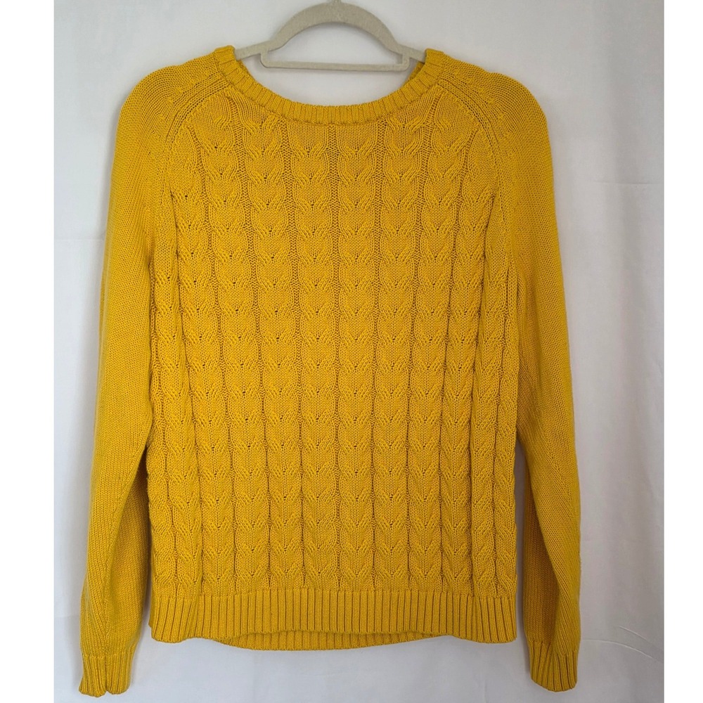 Lands' End Drifter Cable Knit Sweater Yellow Cotton Crew Neck Large Petite 14-16